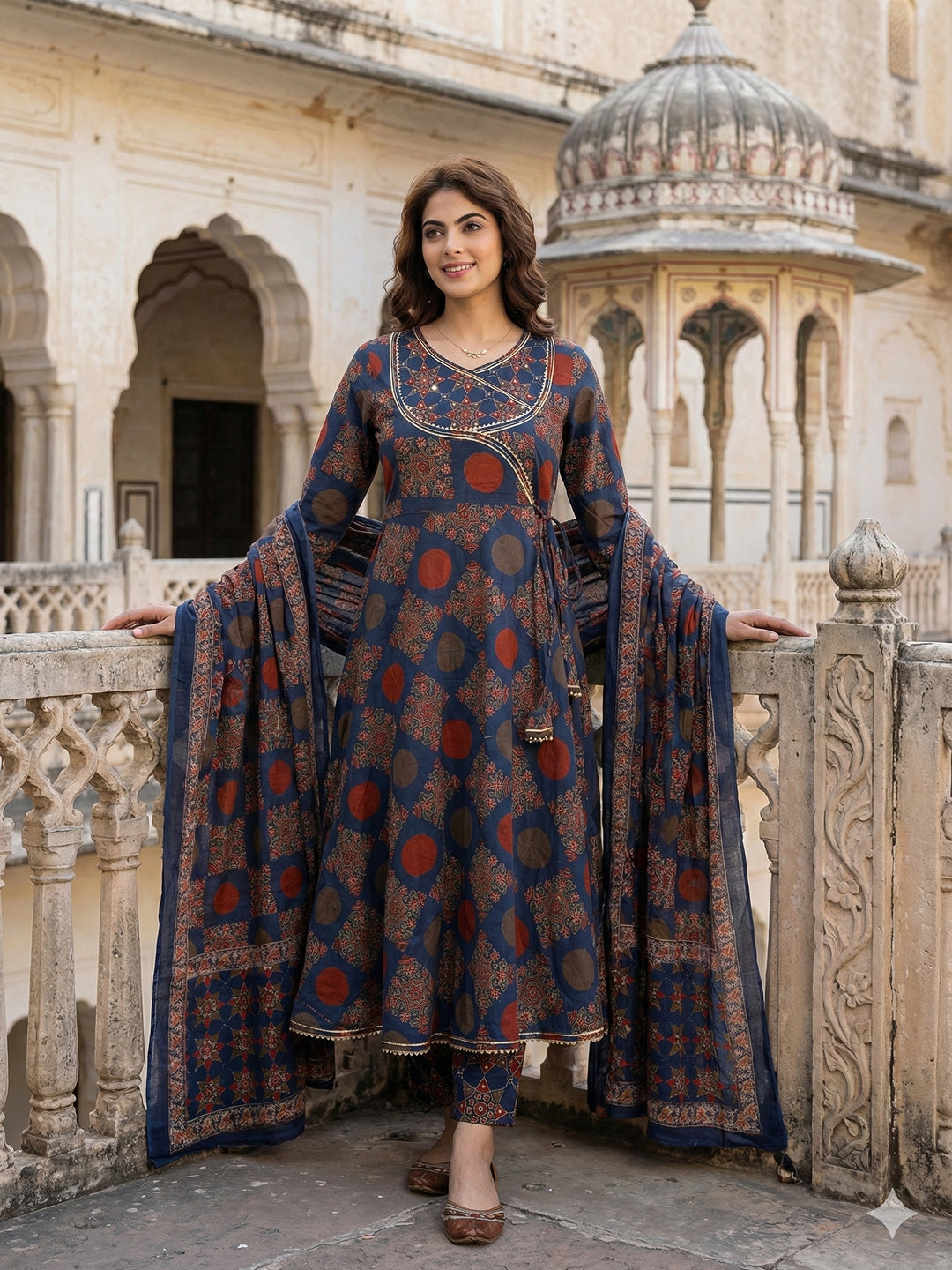 Jaitpuriya Blue And Red Pure Cotton Anarkali Angrakha Kurta Set