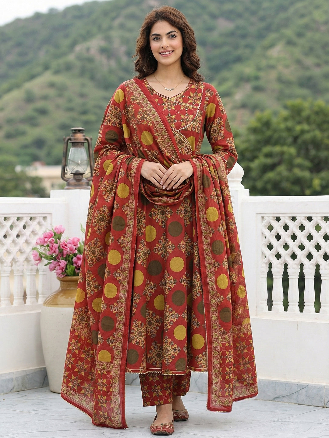 Jaitpuriya Red And Yellow Pure Cotton Anarkali Angrakha Kurta Set