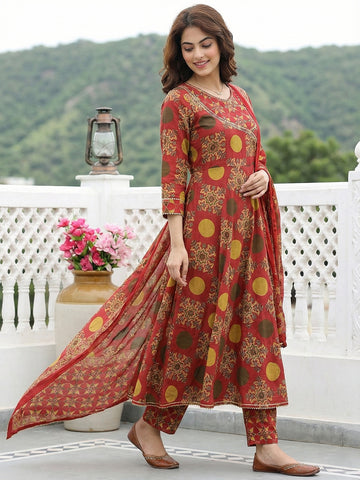Jaitpuriya Red And Yellow Pure Cotton Anarkali Angrakha Kurta Set