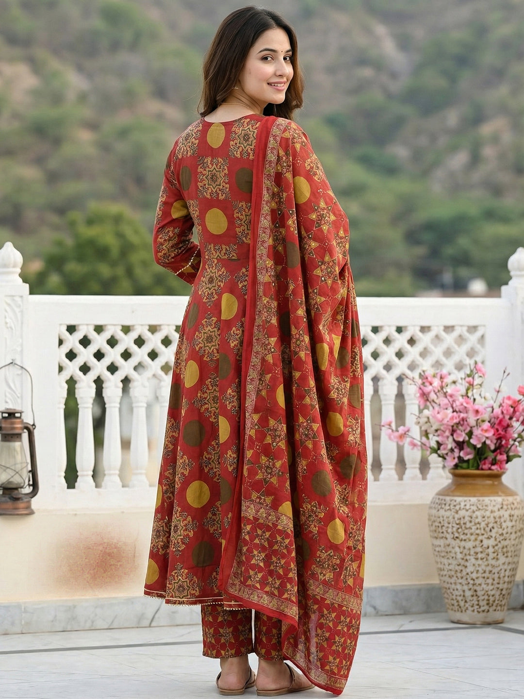 Jaitpuriya Red And Yellow Pure Cotton Anarkali Angrakha Kurta Set