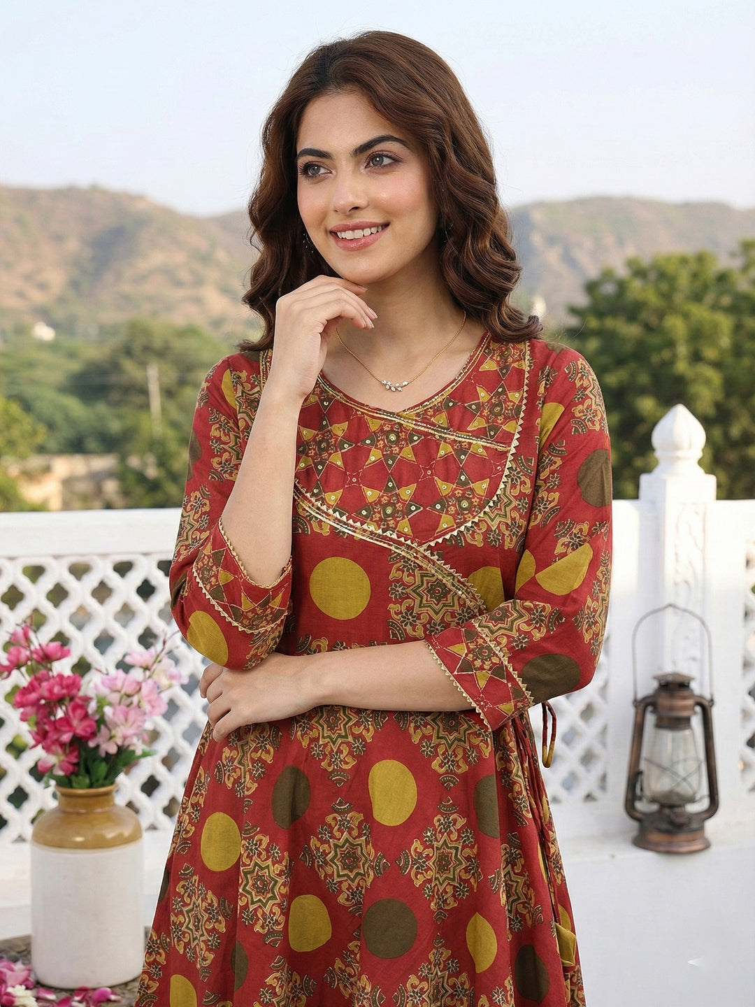 Jaitpuriya Red And Yellow Pure Cotton Anarkali Angrakha Kurta Set