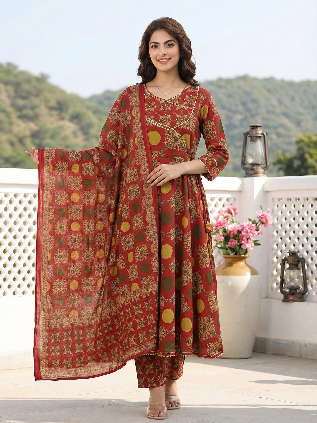 Jaitpuriya Red And Yellow Pure Cotton Anarkali Angrakha Kurta Set
