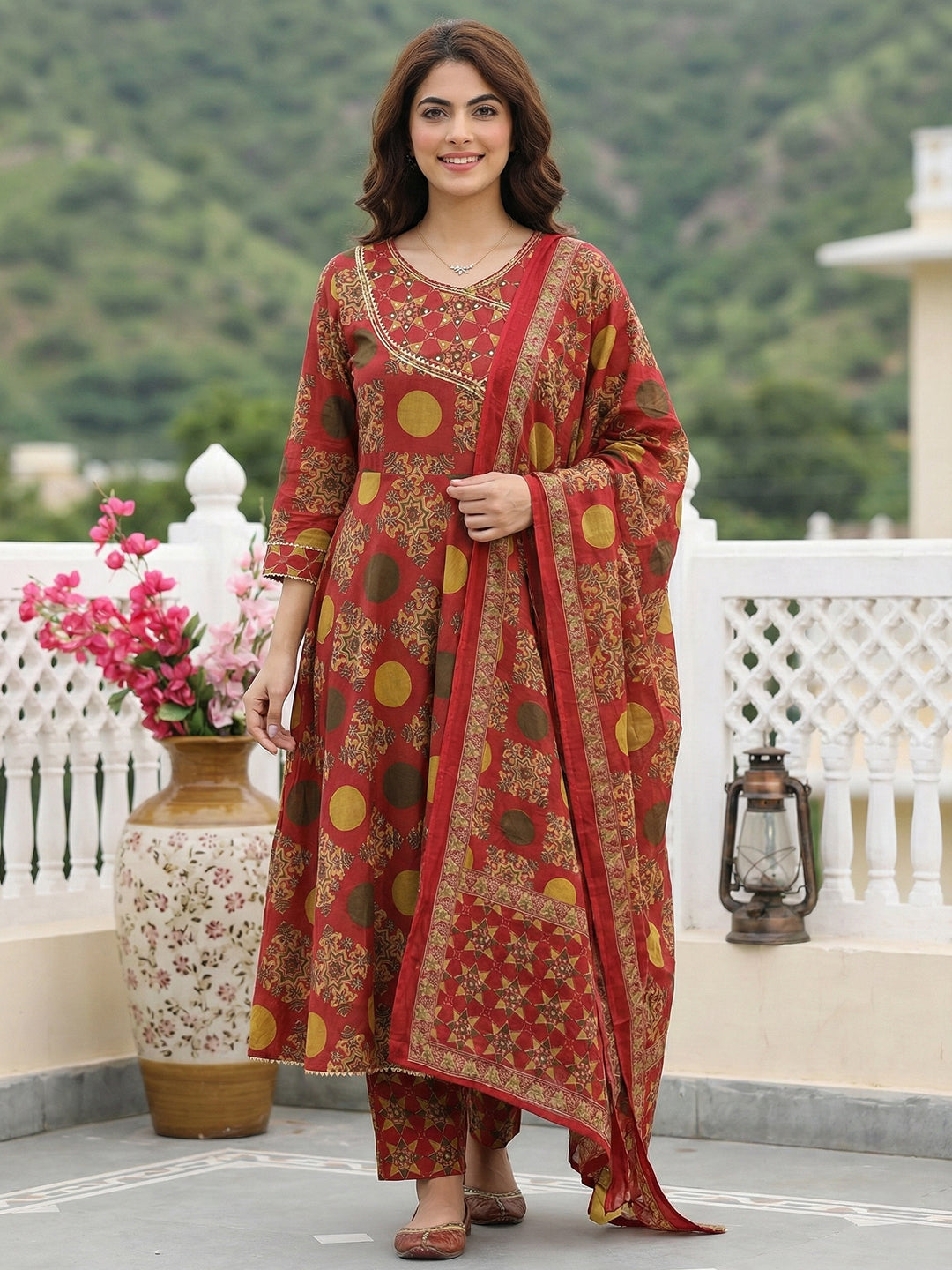 Jaitpuriya Red And Yellow Pure Cotton Anarkali Angrakha Kurta Set