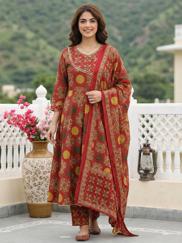Jaitpuriya Red And Yellow Pure Cotton Anarkali Angrakha Kurta Set