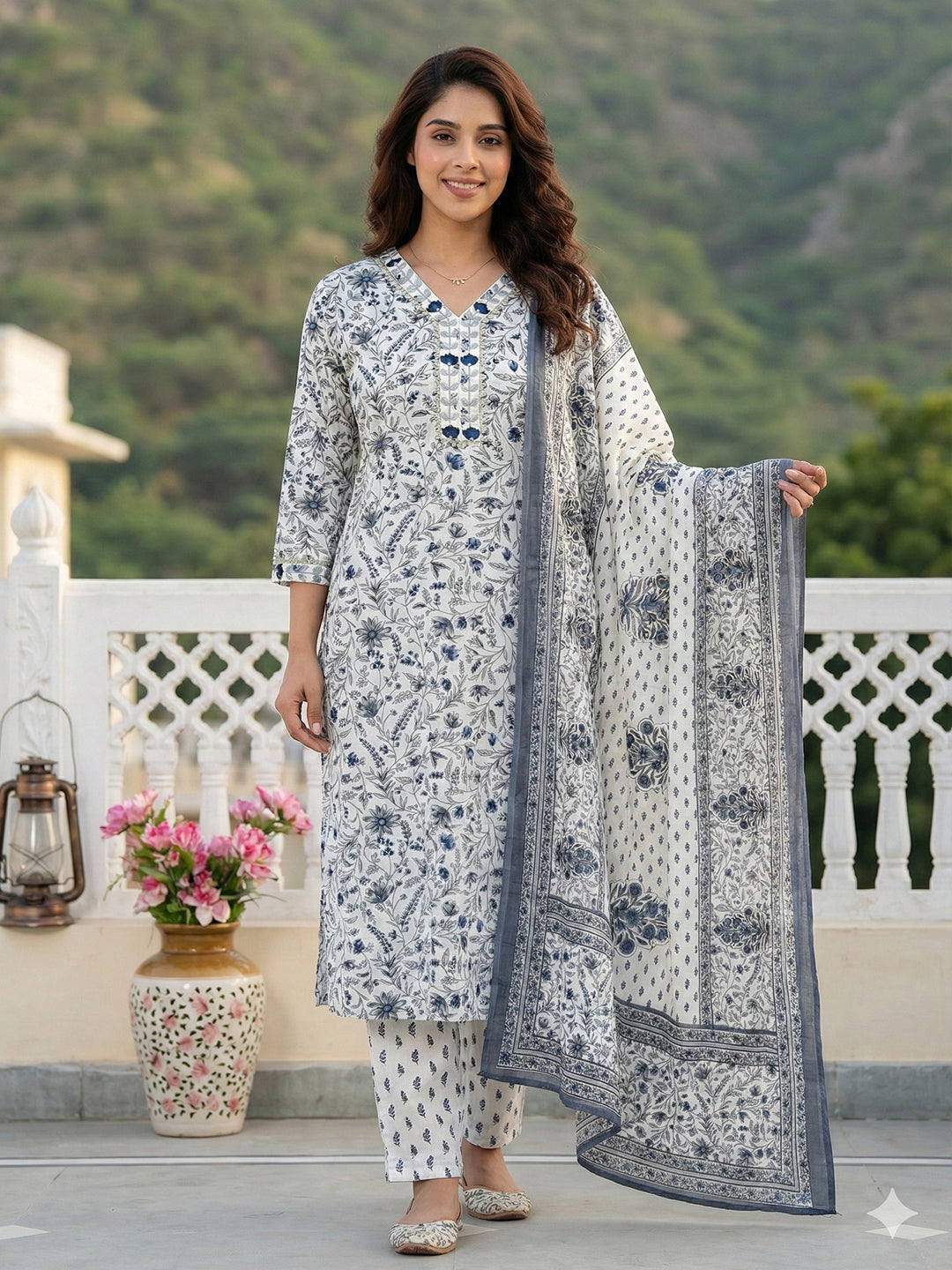 Jaitpuriya Grey And White Pure Cotton Straight Regular Kurta Set