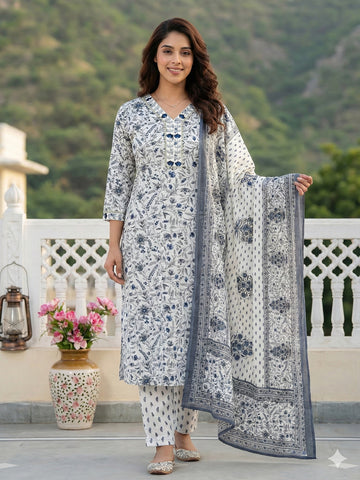 Jaitpuriya Grey And White Pure Cotton Straight Regular Kurta Set