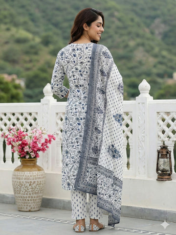 Jaitpuriya Grey And White Pure Cotton Straight Regular Kurta Set