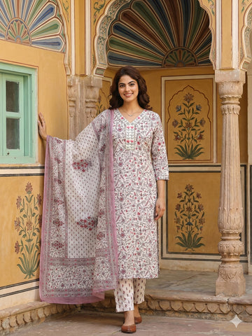 Jaitpuriya Pink And White Pure Cotton Straight Regular Kurta Set
