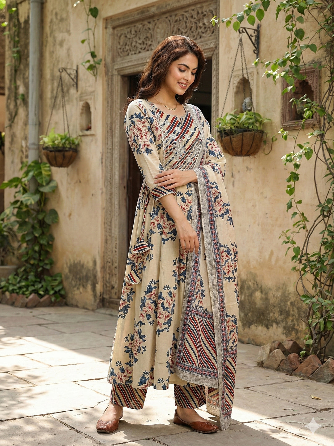 Jaitpuriya Blue And Beige Pure Cotton Anarkali Regular Kurta Set