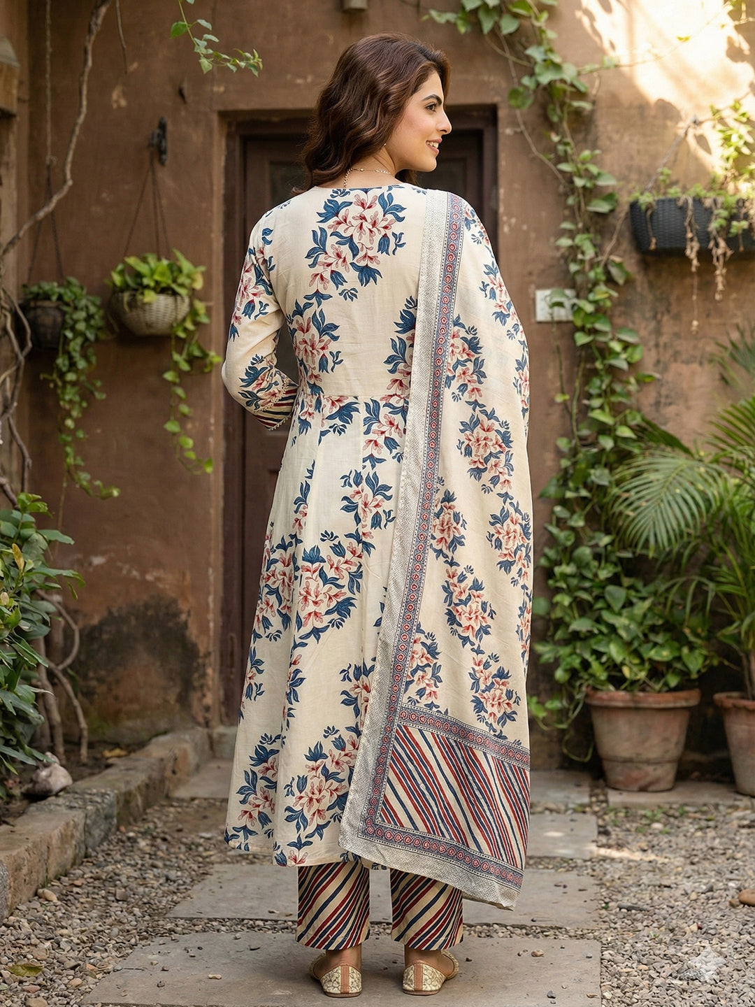 Jaitpuriya Blue And Beige Pure Cotton Anarkali Regular Kurta Set