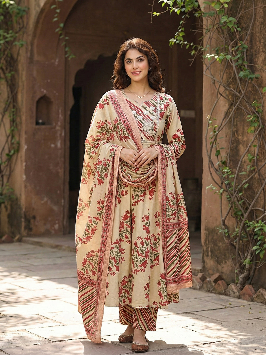 Jaitpuriya Red And Beige Pure Cotton Anarkali Regular Kurta Set