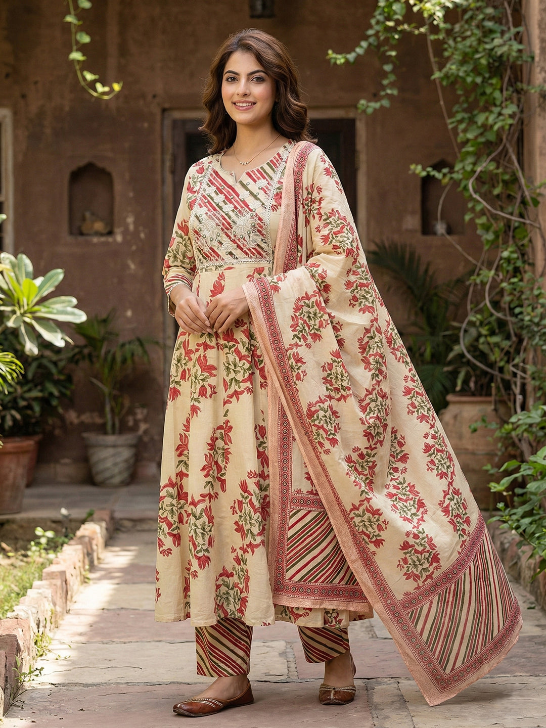 Jaitpuriya Red And Beige Pure Cotton Anarkali Regular Kurta Set