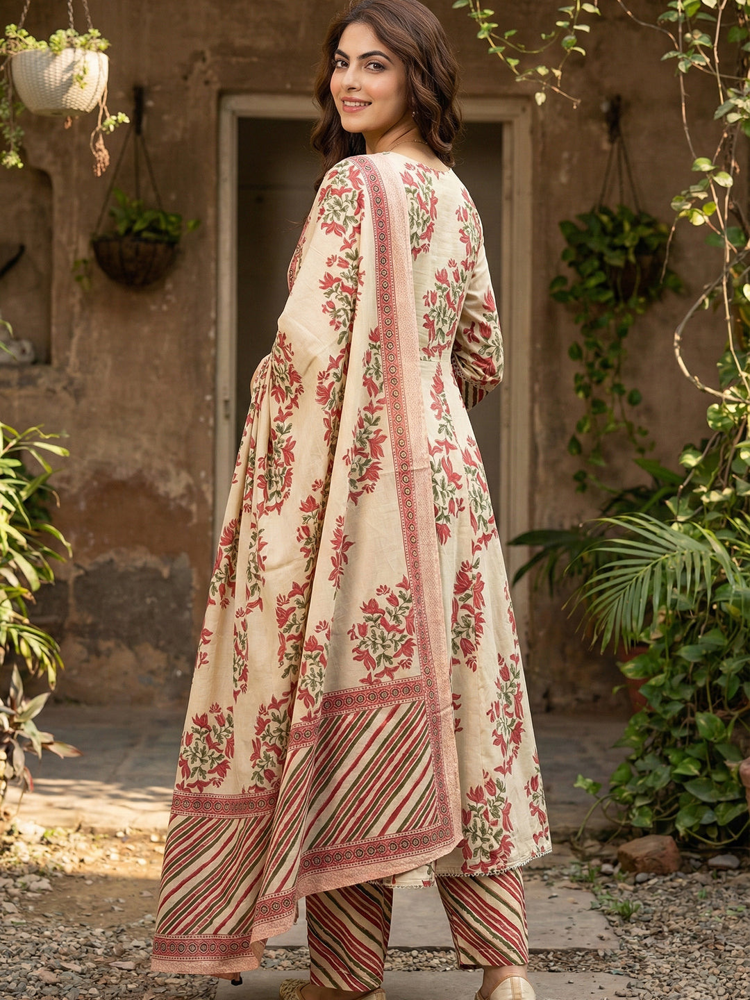 Jaitpuriya Red And Beige Pure Cotton Anarkali Regular Kurta Set