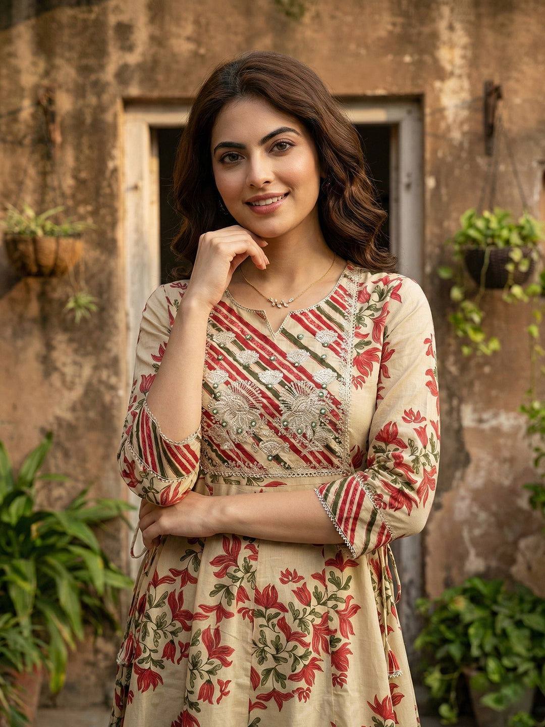Jaitpuriya Red And Beige Pure Cotton Anarkali Regular Kurta Set