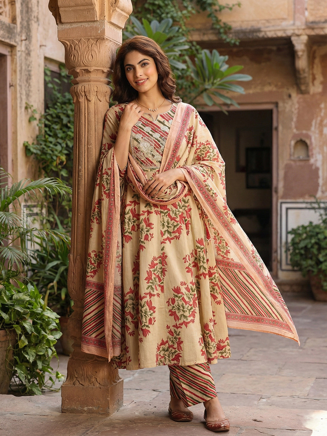 Jaitpuriya Red And Beige Pure Cotton Anarkali Regular Kurta Set