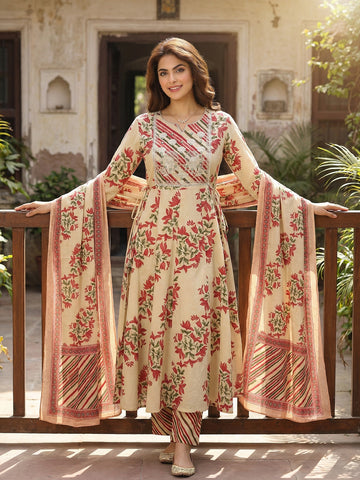 Jaitpuriya Red And Beige Pure Cotton Anarkali Regular Kurta Set