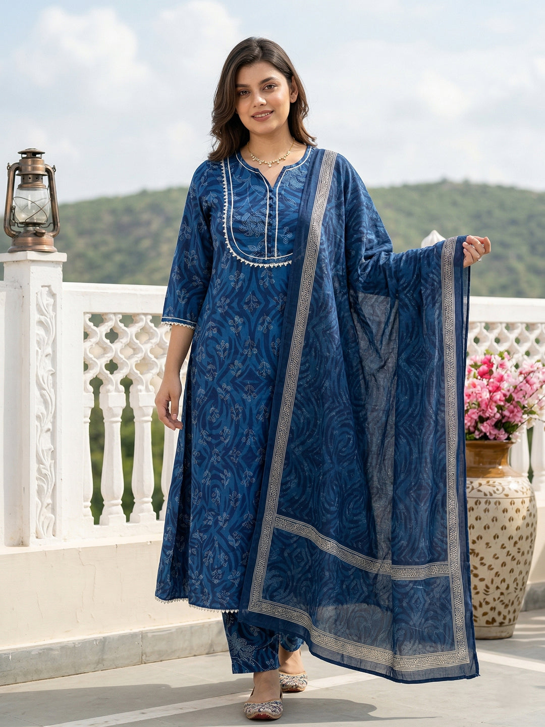Jaitpuriya Sky Blue Pure Cotton A-line Regular Kurta Set