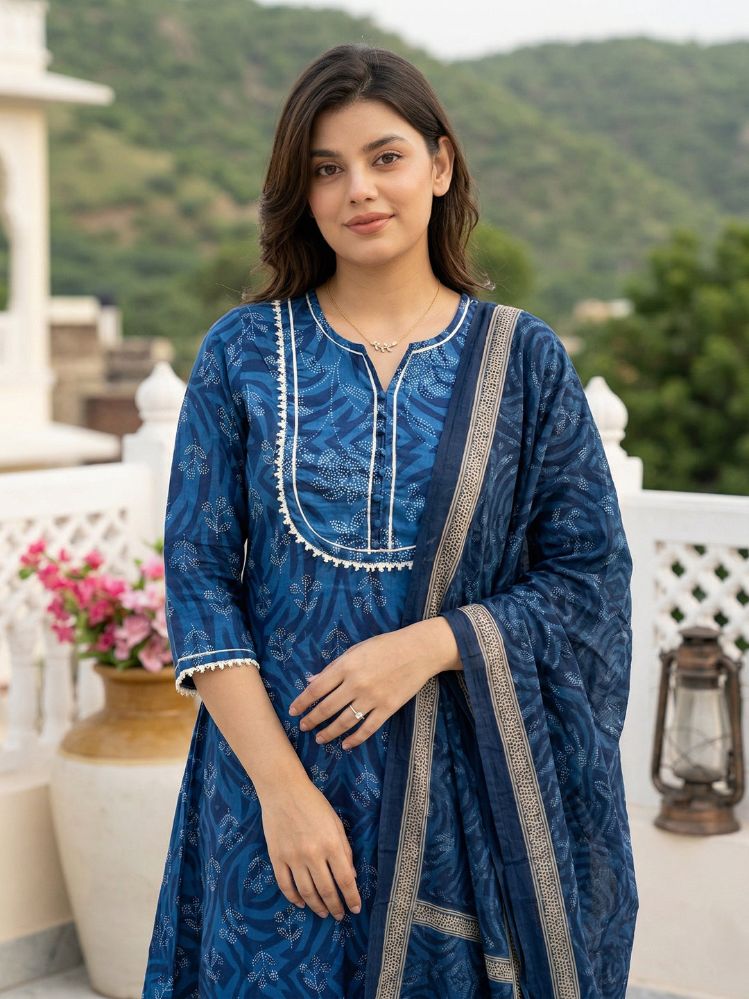 Jaitpuriya Sky Blue Pure Cotton A-line Regular Kurta Set