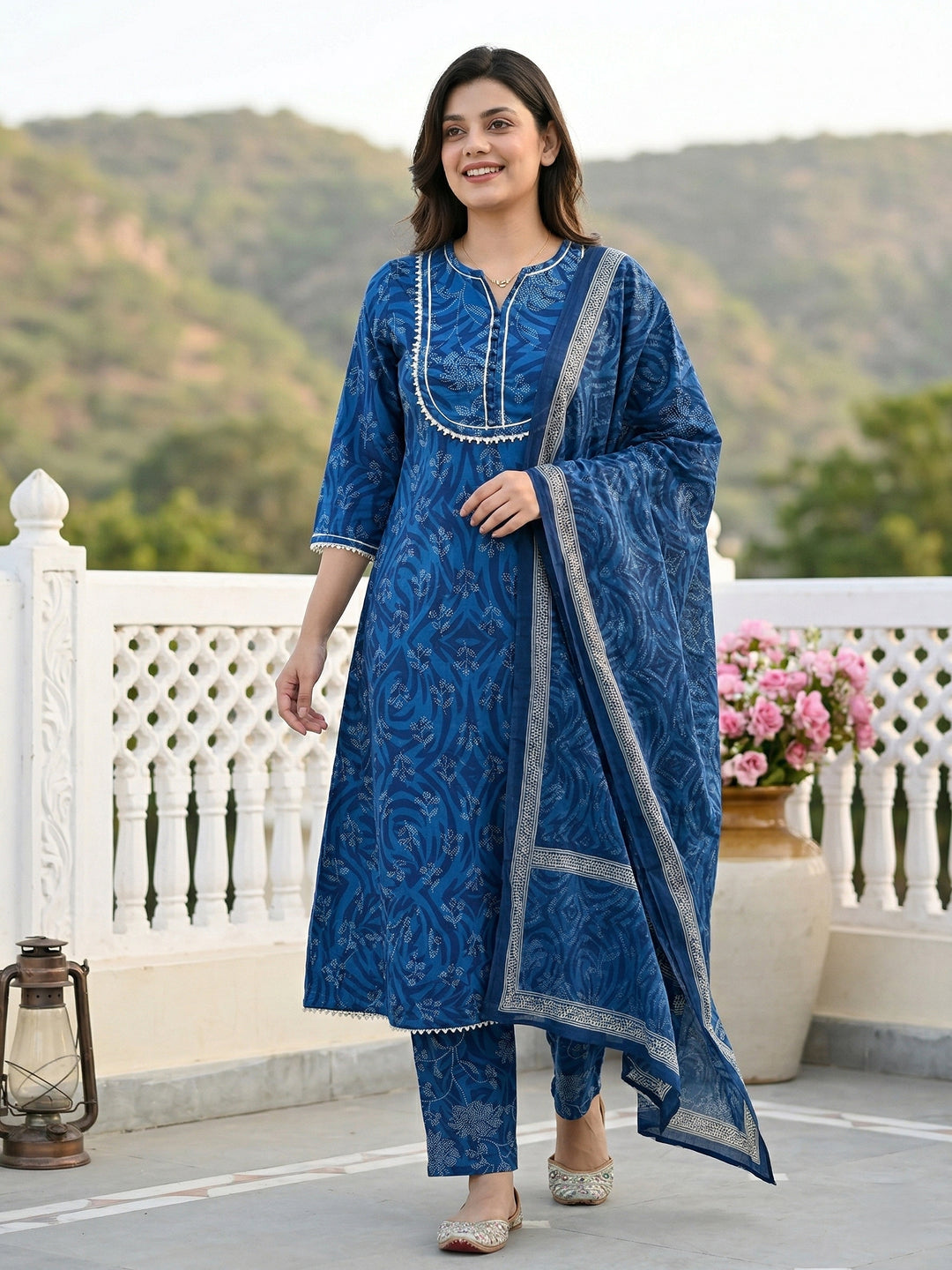 Jaitpuriya Sky Blue Pure Cotton A-line Regular Kurta Set
