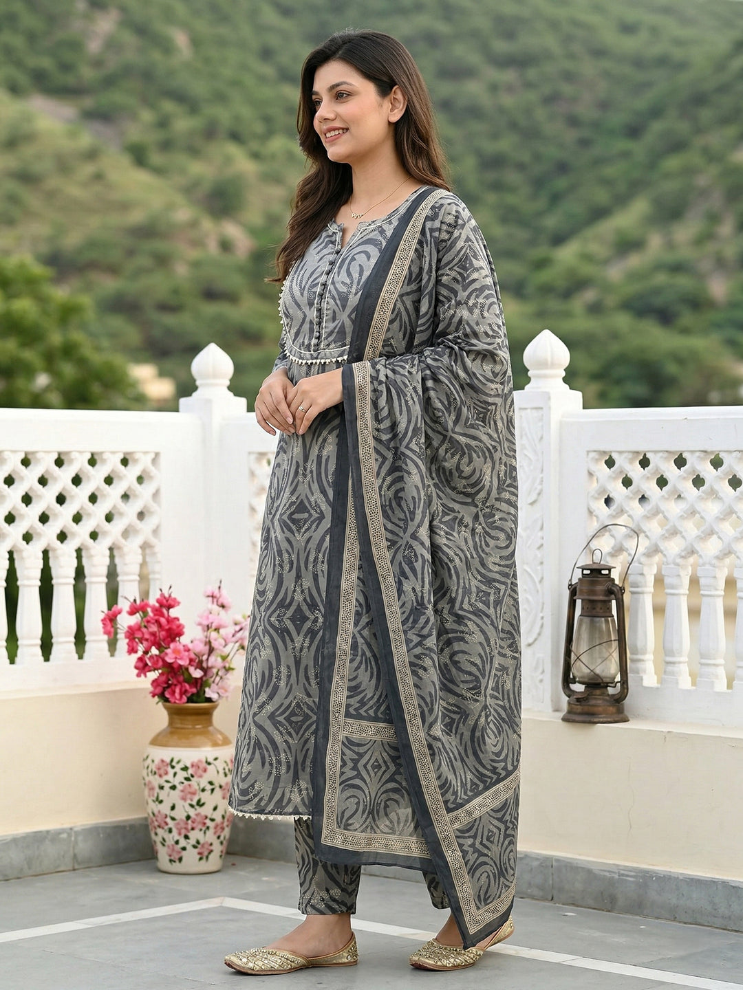 Jaitpuriya Grey Pure Cotton A-line Regular Kurta Set