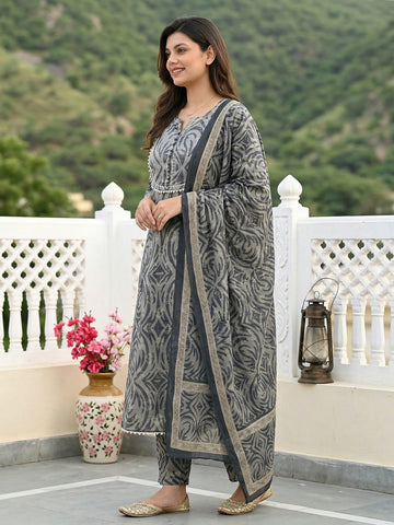 Jaitpuriya Grey Pure Cotton A-line Regular Kurta Set