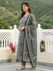 Jaitpuriya Grey Pure Cotton A-line Regular Kurta Set
