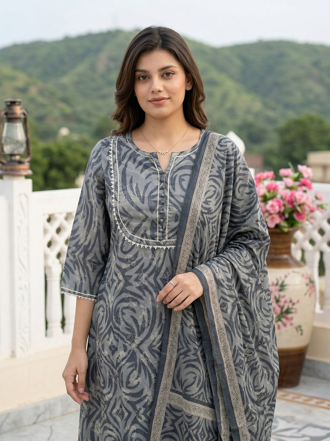 Jaitpuriya Grey Pure Cotton A-line Regular Kurta Set