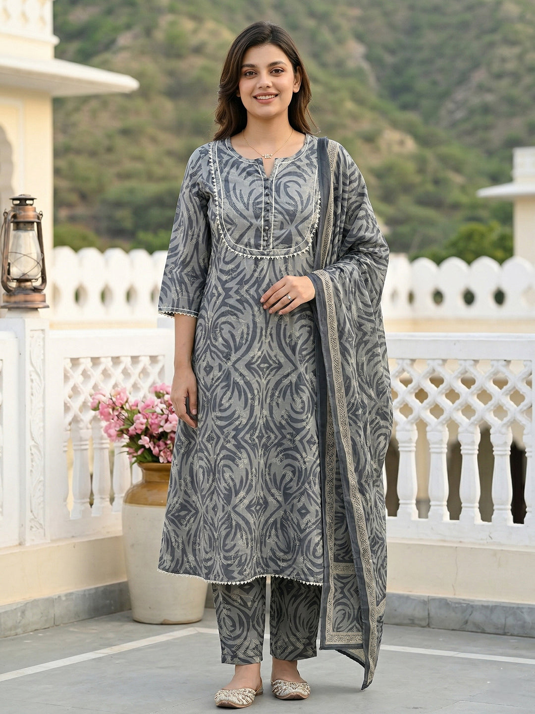 Jaitpuriya Grey Pure Cotton A-line Regular Kurta Set