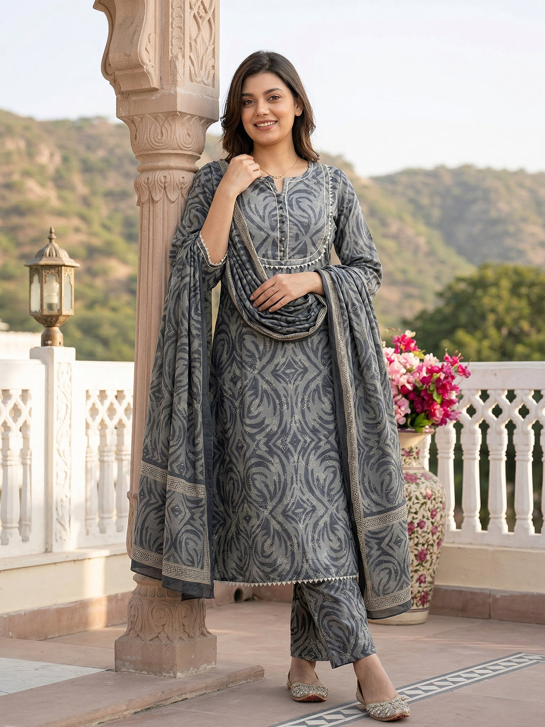 Jaitpuriya Grey Pure Cotton A-line Regular Kurta Set