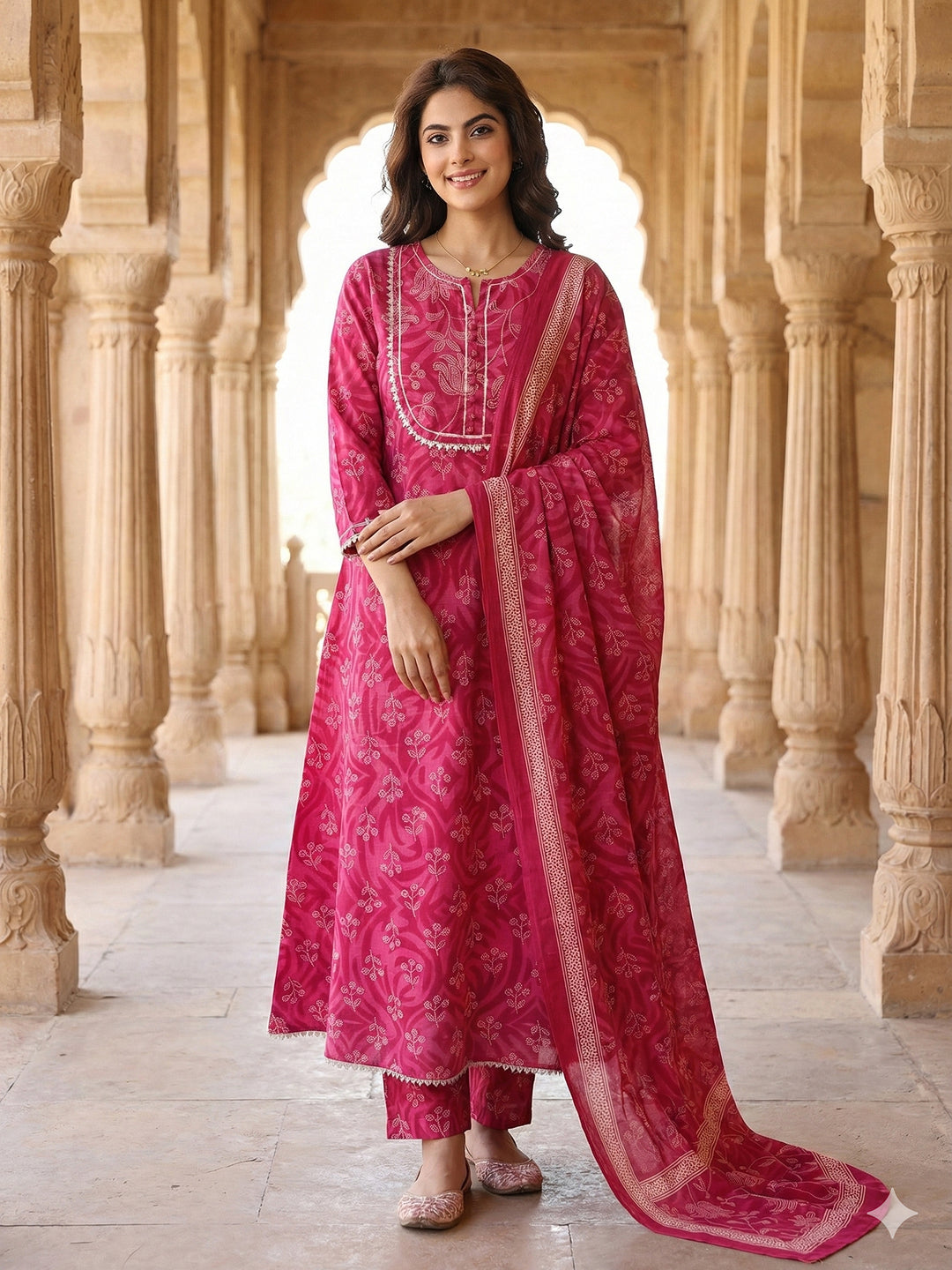 Jaitpuriya Pink Pure Cotton A-line Regular Kurta Set