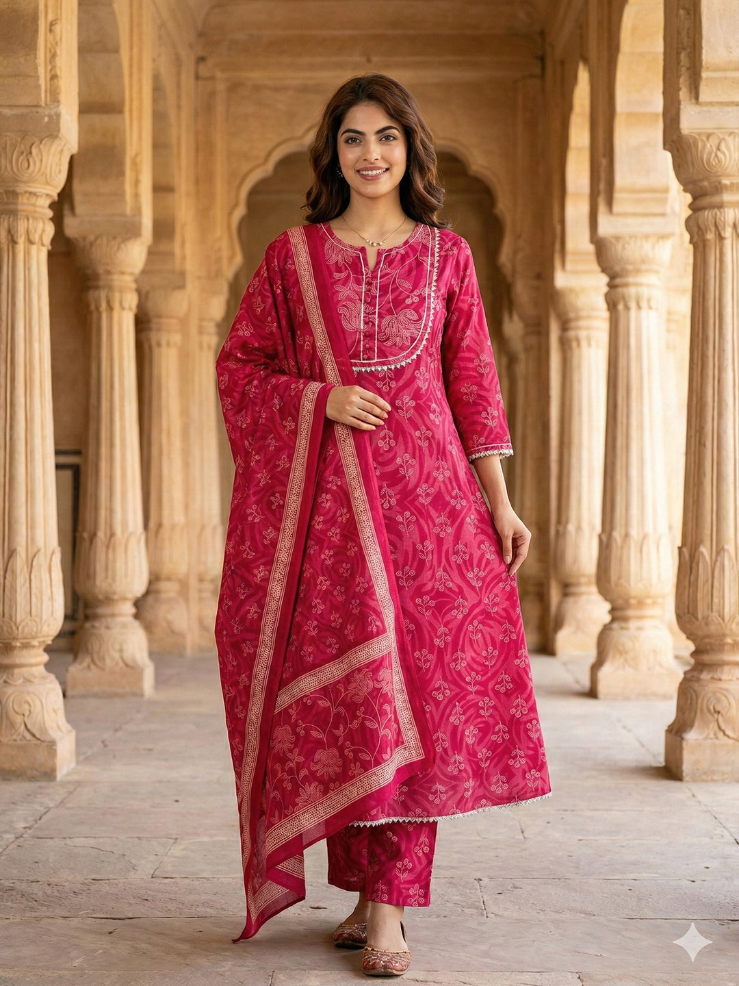 Jaitpuriya Pink Pure Cotton A-line Regular Kurta Set