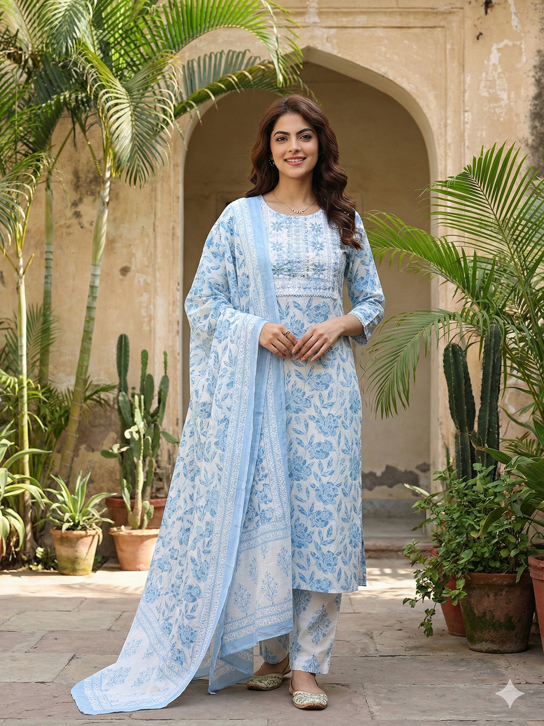 Jaitpuriya Sky Blue And White Pure Cotton Straight Regular Kurta Set