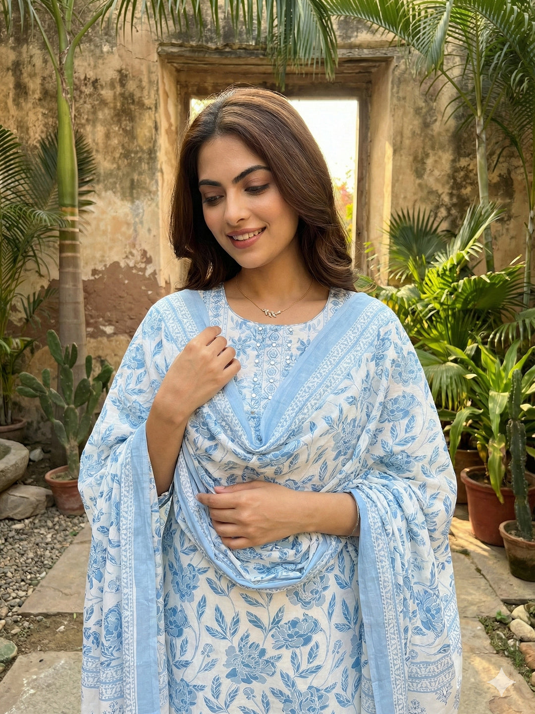 Jaitpuriya Sky Blue And White Pure Cotton Straight Regular Kurta Set