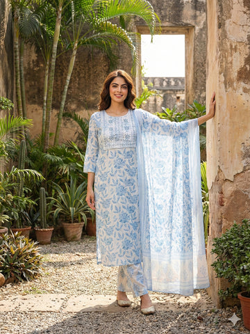 Jaitpuriya Sky Blue And White Pure Cotton Straight Regular Kurta Set