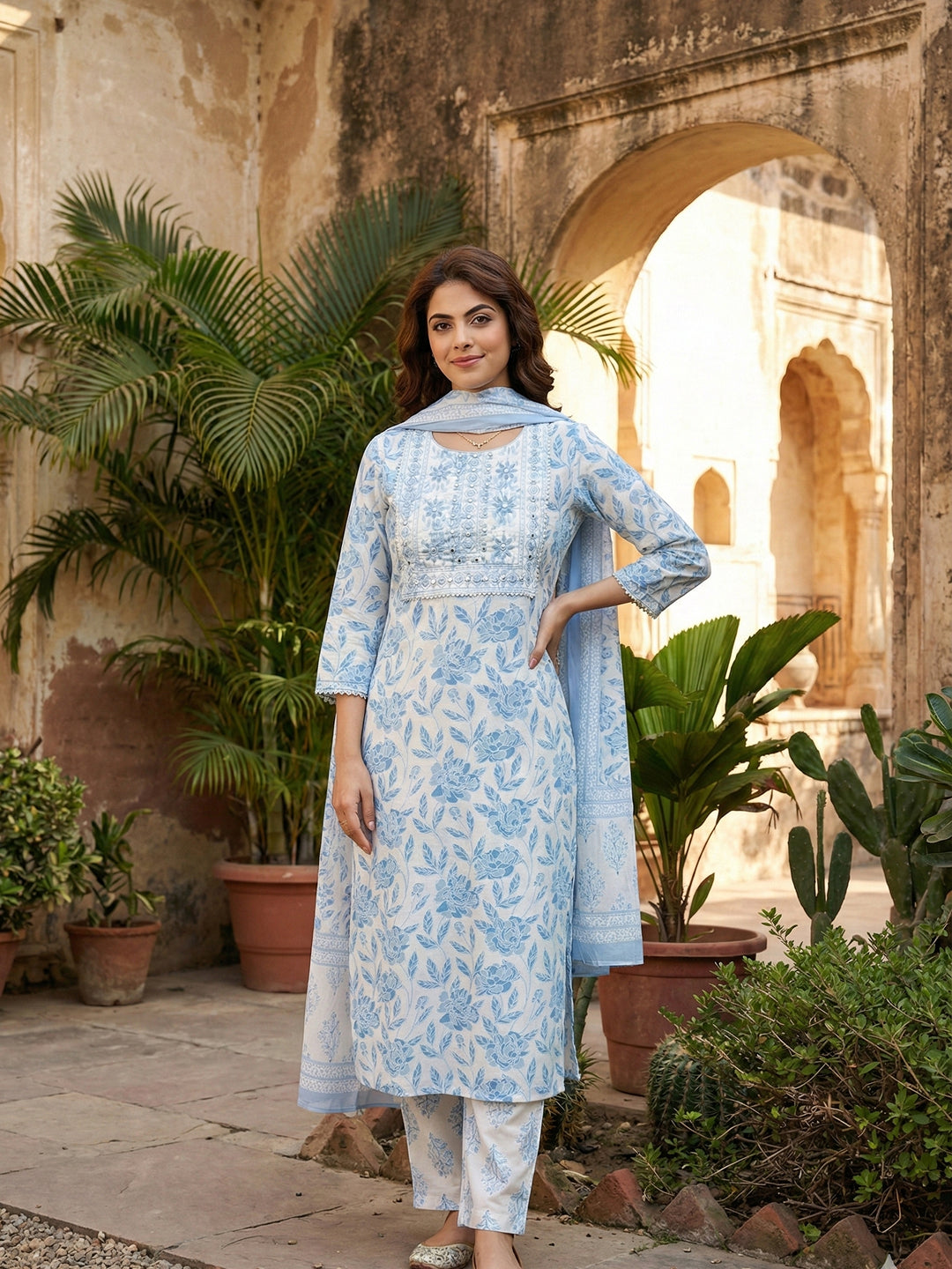 Jaitpuriya Sky Blue And White Pure Cotton Straight Regular Kurta Set