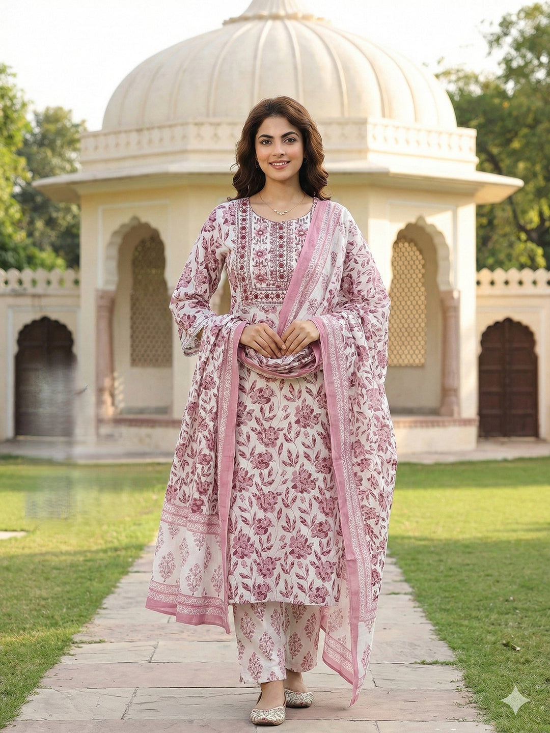 Jaitpuriya Maroon And White Pure Cotton Straight Regular Kurta Set