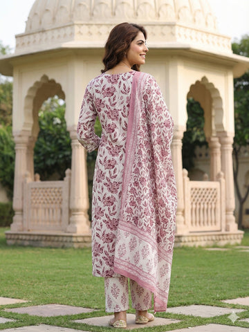 Jaitpuriya Maroon And White Pure Cotton Straight Regular Kurta Set