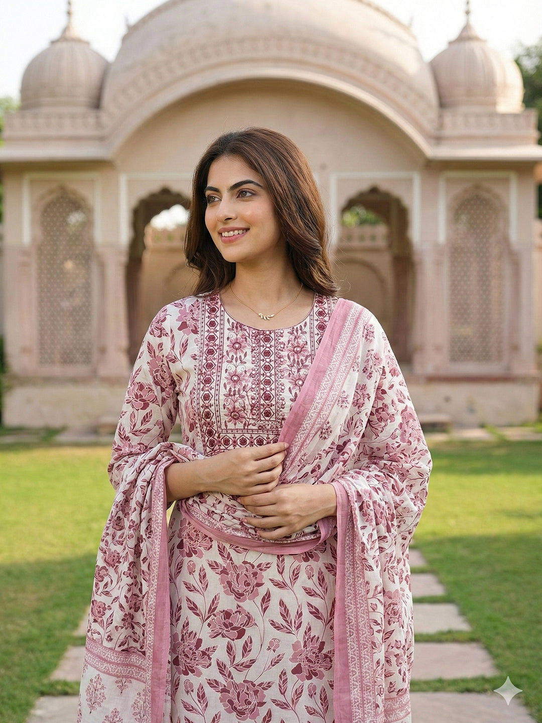 Jaitpuriya Maroon And White Pure Cotton Straight Regular Kurta Set