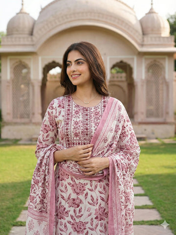 Jaitpuriya Maroon And White Pure Cotton Straight Regular Kurta Set