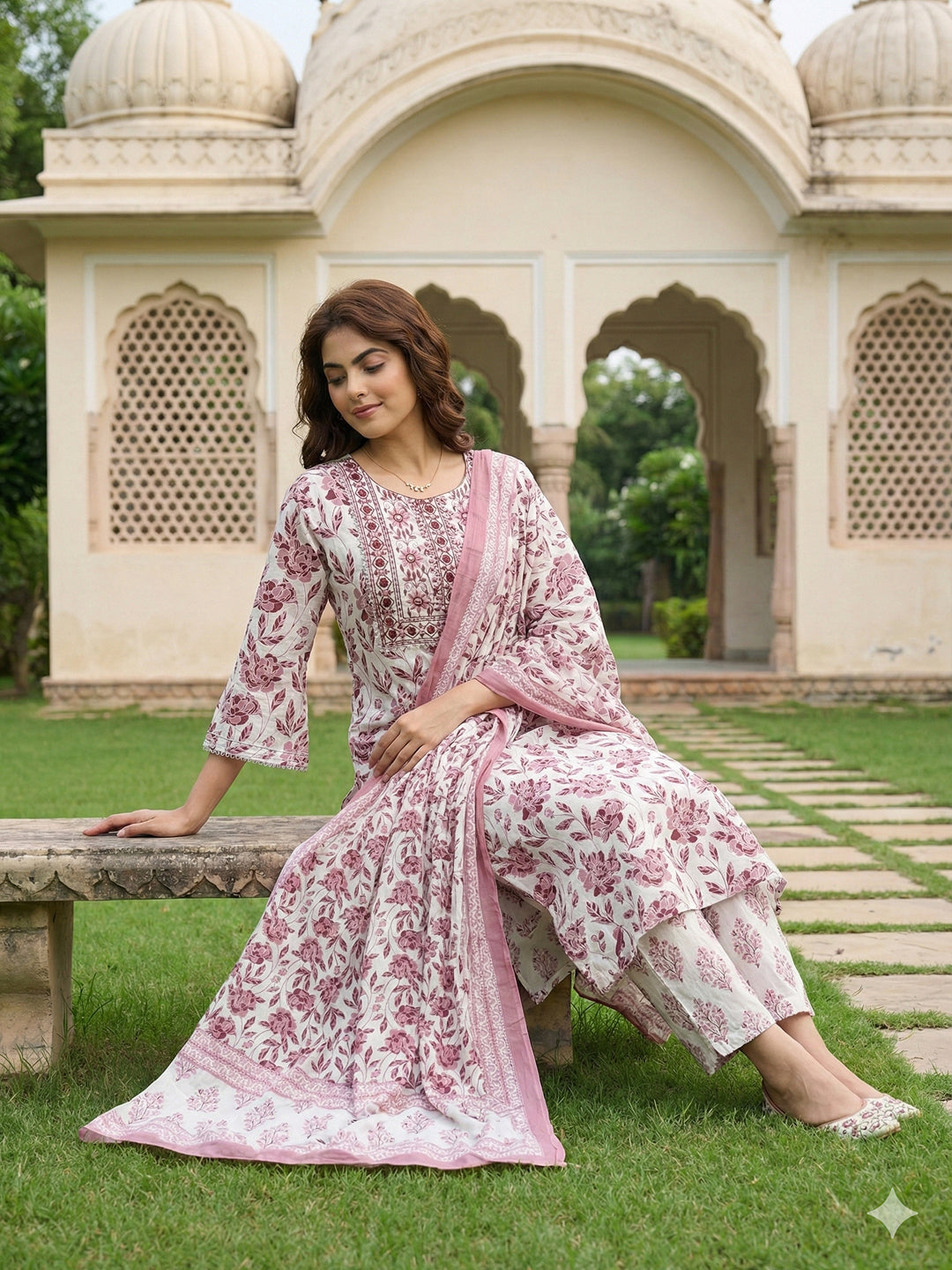 Jaitpuriya Maroon And White Pure Cotton Straight Regular Kurta Set