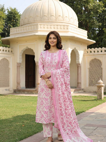 Jaitpuriya Pink And White Pure Cotton Straight Regular Kurta Set