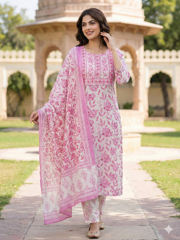 Jaitpuriya Pink And White Pure Cotton Straight Regular Kurta Set