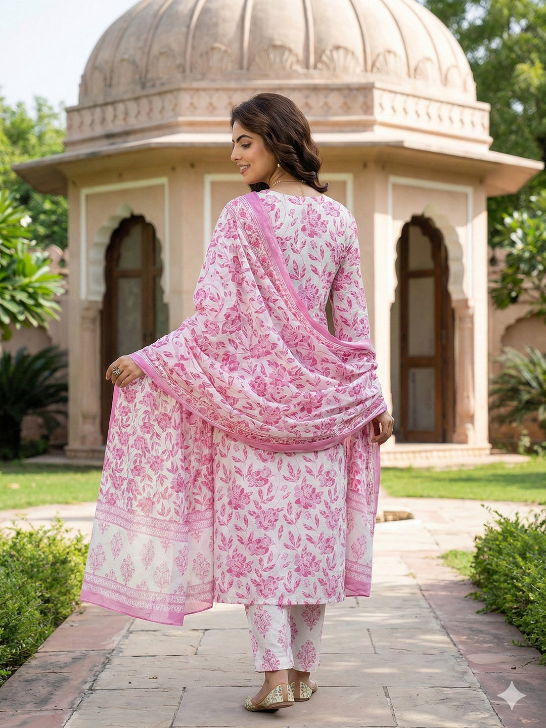 Jaitpuriya Pink And White Pure Cotton Straight Regular Kurta Set