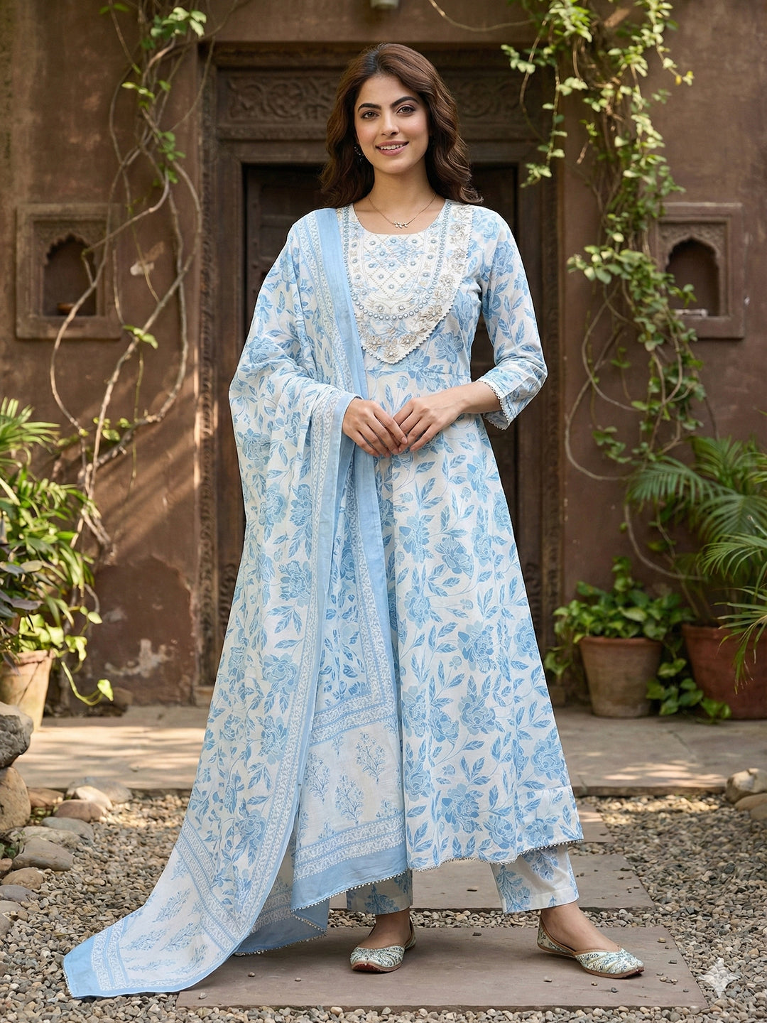 Jaitpuriya Sky Blue And White Pure Cotton Anarkali Regular Kurta Set