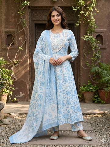 Jaitpuriya Sky Blue And White Pure Cotton Anarkali Regular Kurta Set