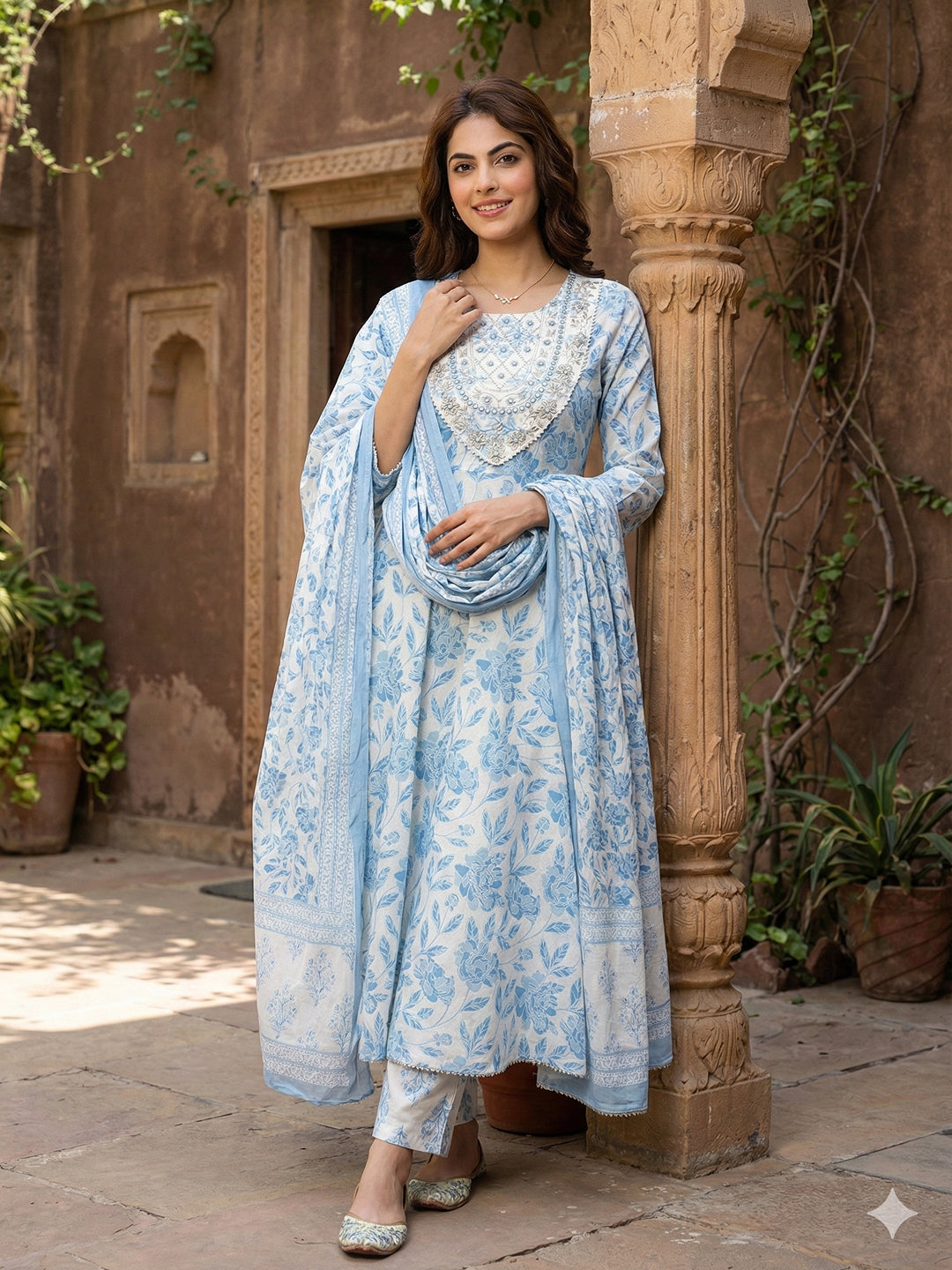 Jaitpuriya Sky Blue And White Pure Cotton Anarkali Regular Kurta Set