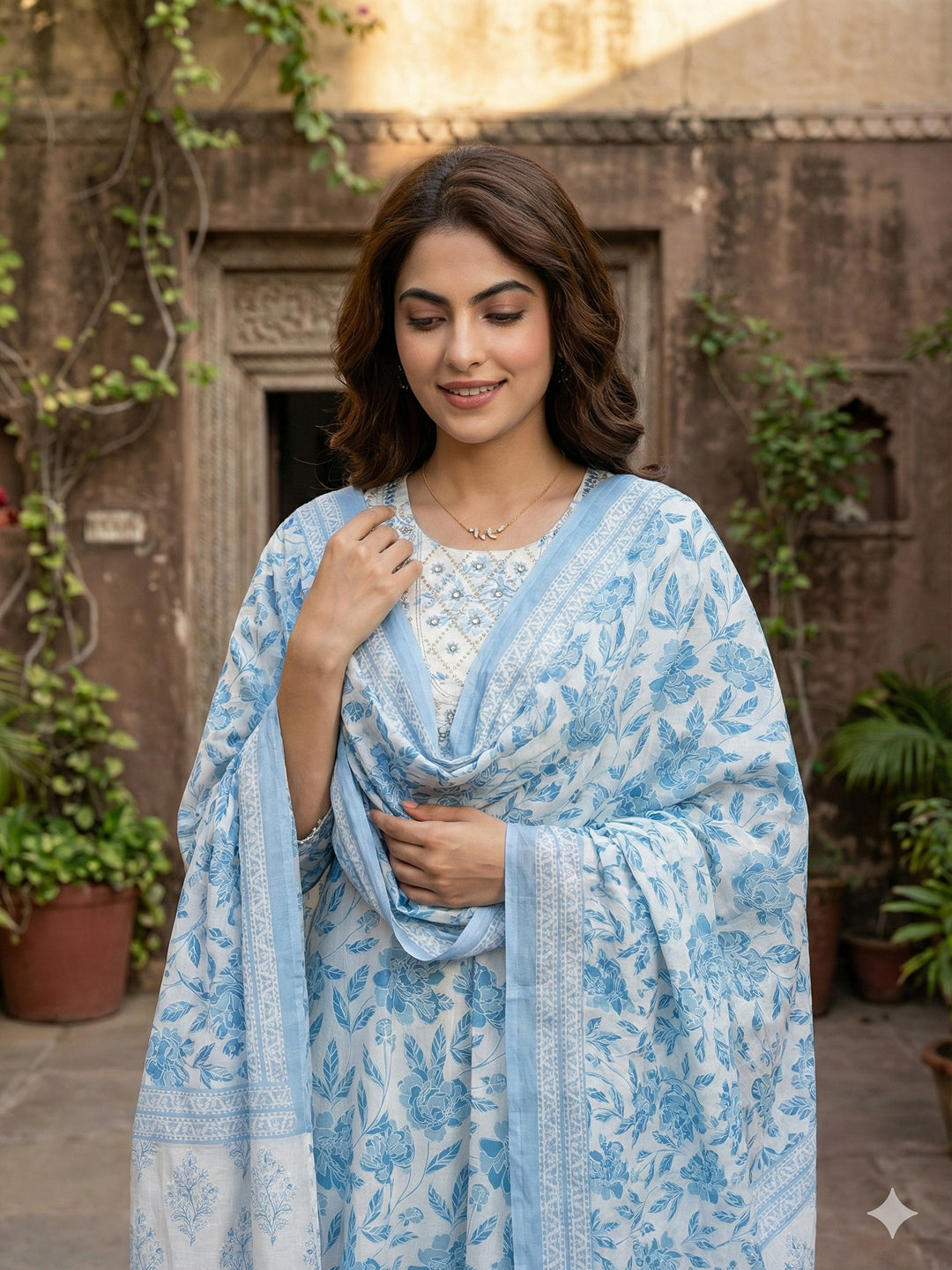 Jaitpuriya Sky Blue And White Pure Cotton Anarkali Regular Kurta Set