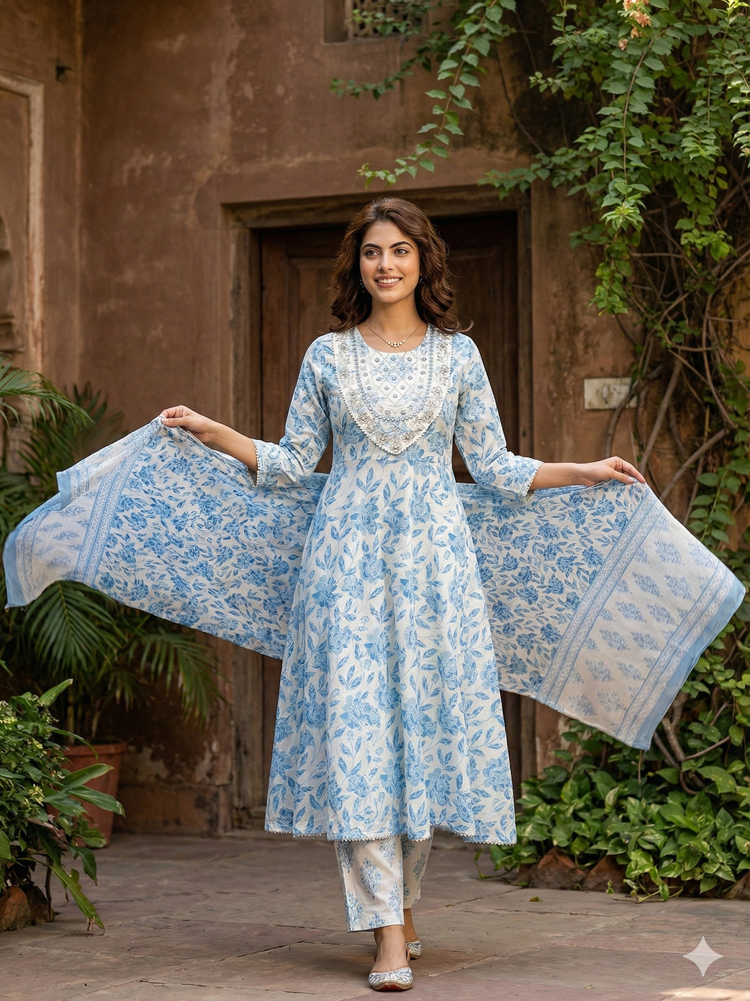 Jaitpuriya Sky Blue And White Pure Cotton Anarkali Regular Kurta Set