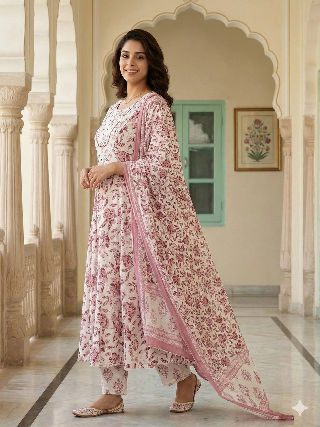 Jaitpuriya Maroon And White Pure Cotton Anarkali Regular Kurta Set