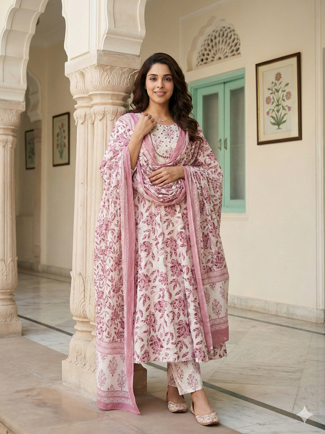 Jaitpuriya Maroon And White Pure Cotton Anarkali Regular Kurta Set
